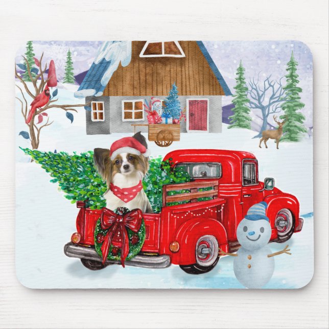 Papillon Dog In Christmas Delivery Truck Snow Mouse Mat (Front)