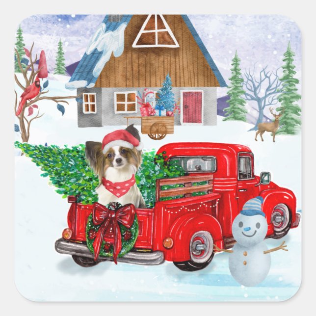 Papillon Dog In Christmas Delivery Truck Snow Square Sticker (Front)