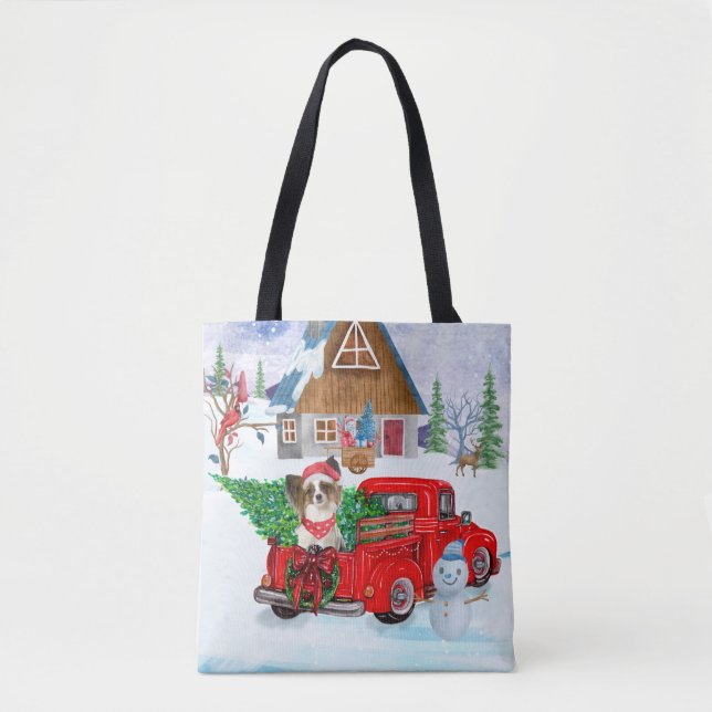 Papillon Dog In Christmas Delivery Truck Snow Tote Bag (Front)