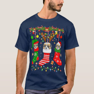 Papillon Dog In Christmas Socks Lights Xmas T-Shirt