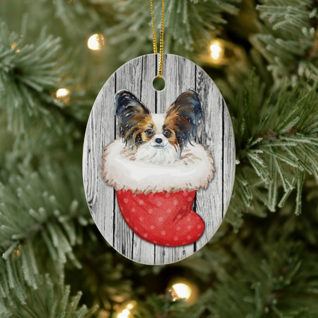 Papillon Dog in Christmas Stocking on Wood Ceramic Tree Decoration (Tree)