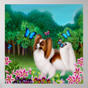 Papillon Dog in Garden Print