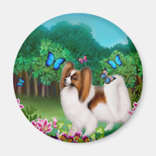 Papillon Dog in Garden Round Magnet