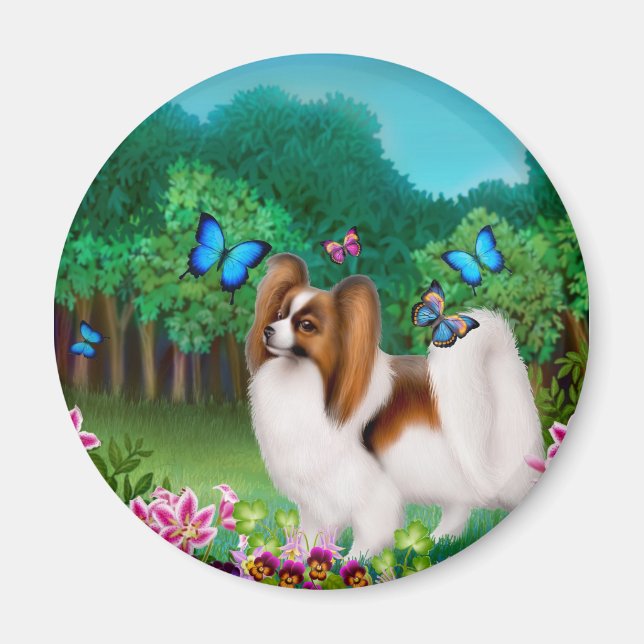 Papillon Dog in Garden Round Magnet (Front)