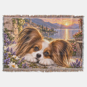 Papillon Dog in Mediterranean Flower Garden at Sun Throw Blanket