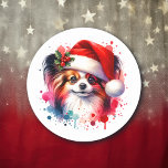 Papillon Dog in Santa Hat Christmas Classic Round Sticker<br><div class="desc">Cute Papillon puppy dog Christmas stickers. If you own a Papillon this sweet watercolor picture is perfect!</div>