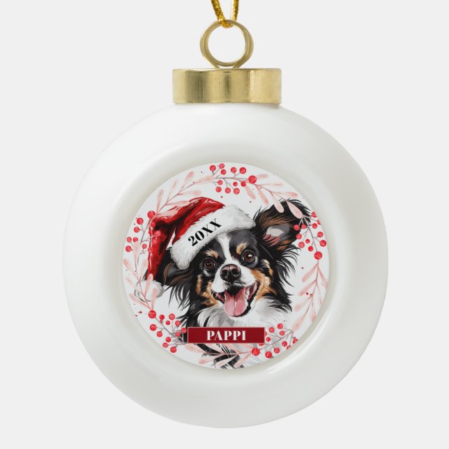 Papillon Dog in Santa Hat Christmas Ornament (Front)