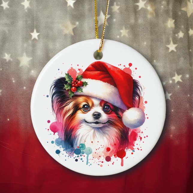 Papillon Dog in Santa Hat Christmas Personalised Ceramic Tree Decoration (Creator Uploaded)