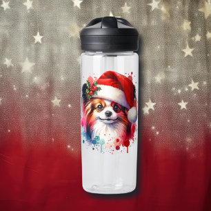 Papillon Dog in Santa Hat Christmas Personalised Water Bottle