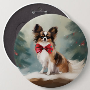 Papillon Dog in Snow Christmas 6 Cm Round Badge