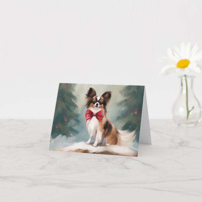Papillon Dog in Snow Christmas  Card (Small Plant)