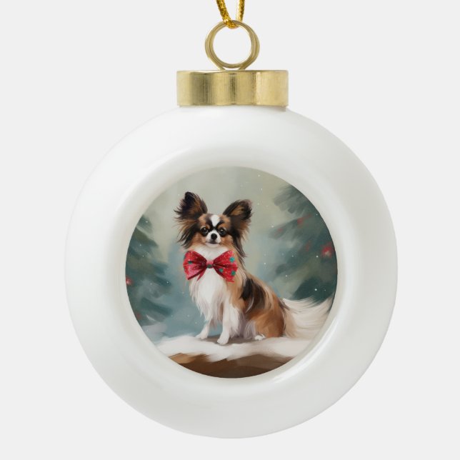 Papillon Dog in Snow Christmas  Ceramic Ball Christmas Ornament (Front)