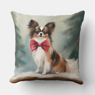 Papillon Dog in Snow Christmas  Cushion
