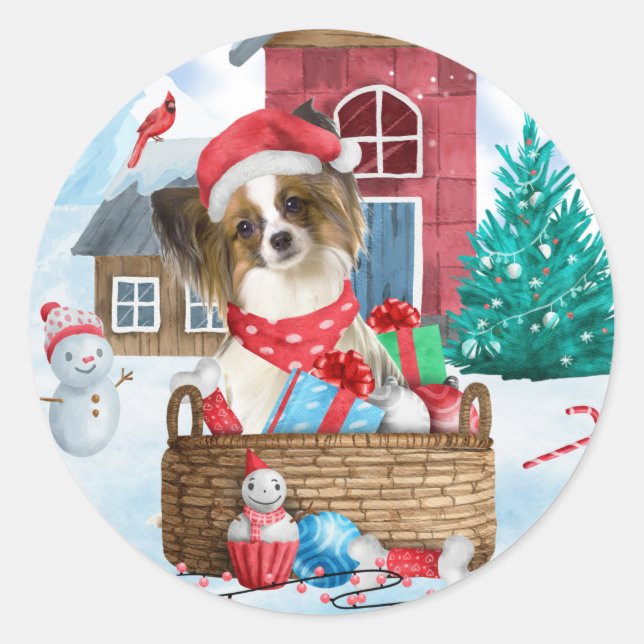 Papillon Dog In snow Christmas Dog House  Classic Round Sticker (Front)