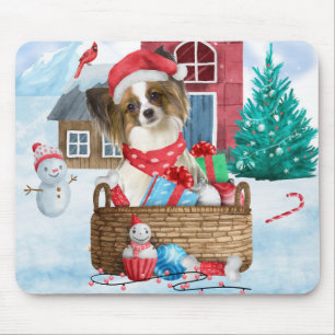 Papillon Dog In snow Christmas Dog House Mouse Mat