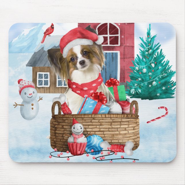 Papillon Dog In snow Christmas Dog House Mouse Mat (Front)