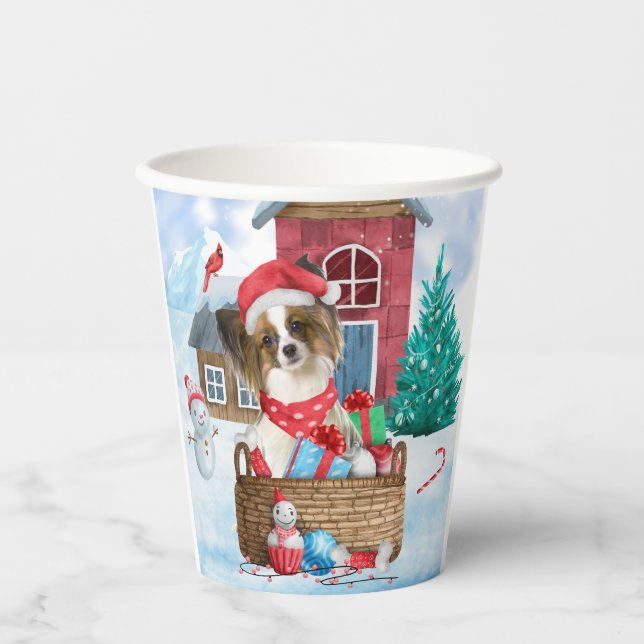 Papillon Dog In snow Christmas Dog House Paper Cups (Front)