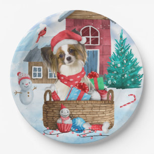 Papillon Dog In snow Christmas Dog House Paper Plate
