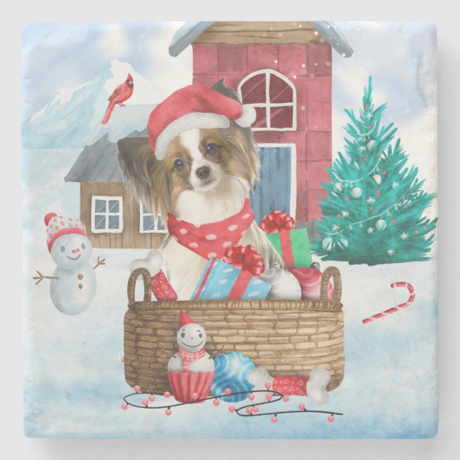 Papillon Dog In snow Christmas Dog House Stone Coaster (Front)