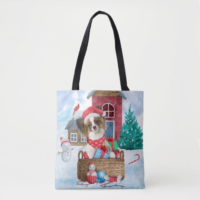 Papillon Dog In snow Christmas Dog House  Tote Bag (Front)