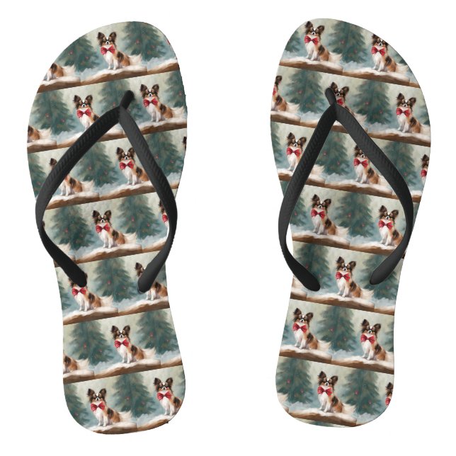 Papillon Dog in Snow Christmas  Flip Flops (Footbed)