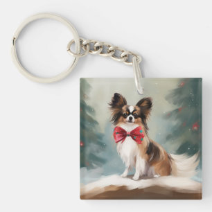 Papillon Dog in Snow Christmas Key Ring