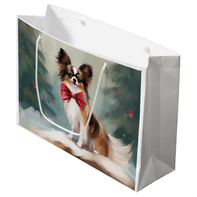 Papillon Dog in Snow Christmas  Large Gift Bag (Front Angled)