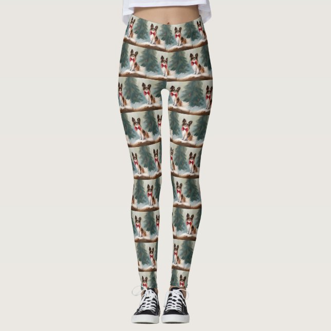 Papillon Dog in Snow Christmas  Leggings (Front)