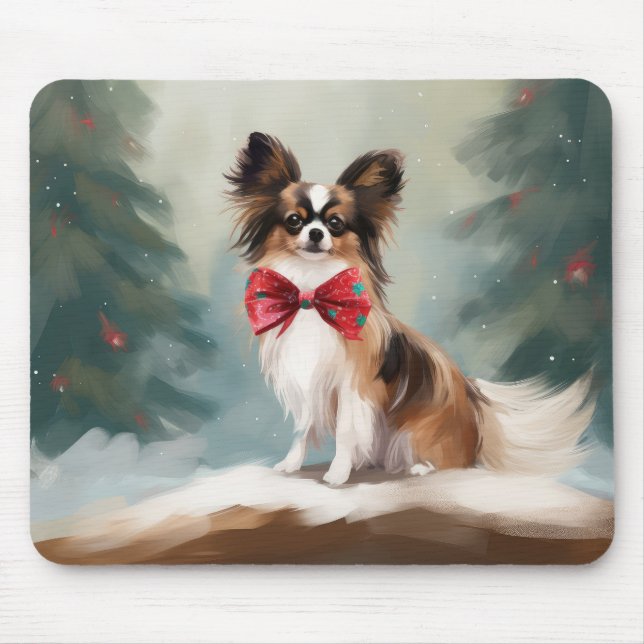 Papillon Dog in Snow Christmas  Mouse Mat (Front)