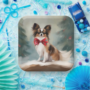 Papillon Dog in Snow Christmas Paper Plate