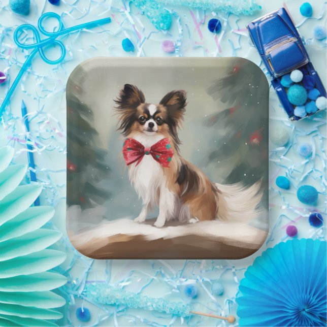 Papillon Dog in Snow Christmas  Paper Plate (Party)