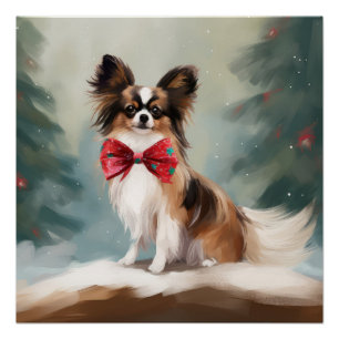 Papillon Dog in Snow Christmas Poster