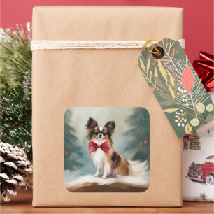 Papillon Dog in Snow Christmas Square Sticker