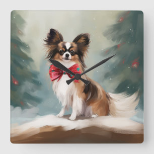 Papillon Dog in Snow Christmas Square Wall Clock