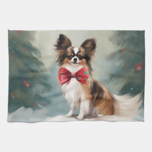 Papillon Dog in Snow Christmas Tea Towel