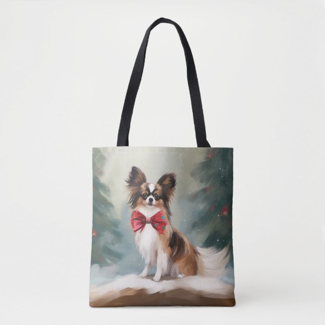 Papillon Dog in Snow Christmas  Tote Bag (Front)