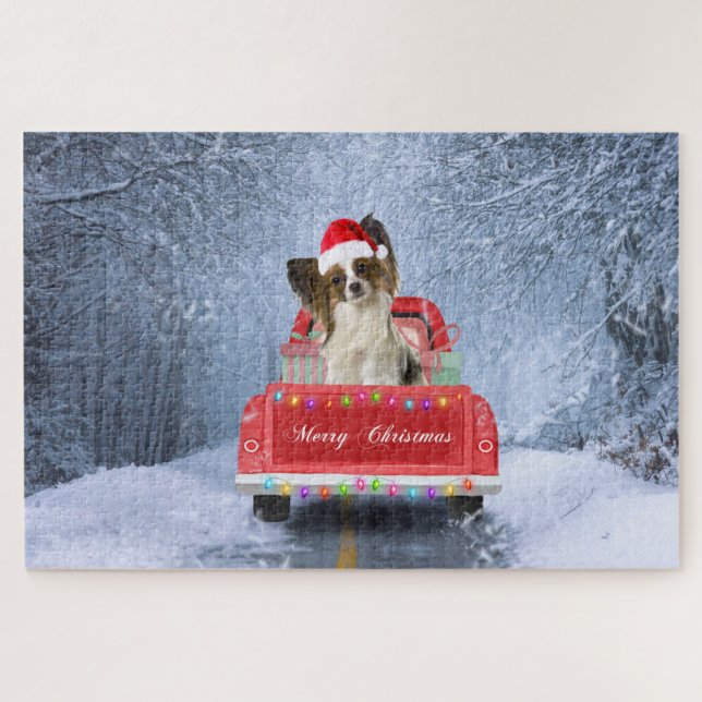 Papillon Dog in Snow sitting in Christmas Truck  Jigsaw Puzzle (Horizontal)