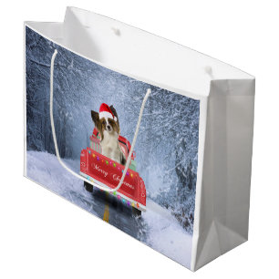 Papillon Dog in Snow sitting in Christmas Truck Large Gift Bag