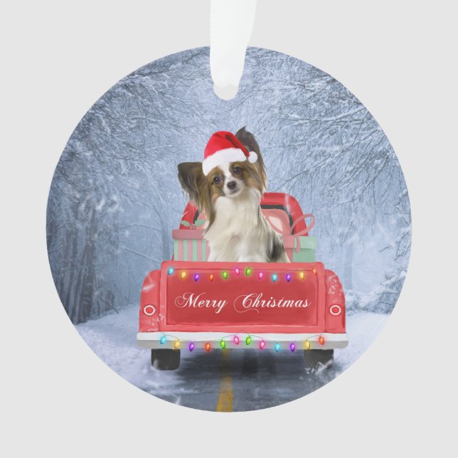 Papillon Dog in Snow sitting in Christmas Truck  Ornament (Front)