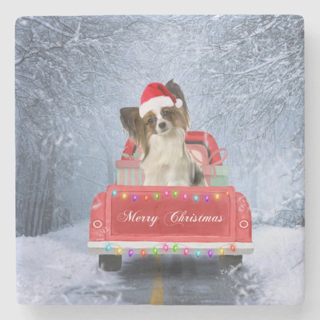Papillon Dog in Snow sitting in Christmas Truck  Stone Coaster (Front)