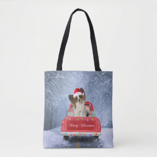 Papillon Dog in Snow sitting in Christmas Truck Tote Bag