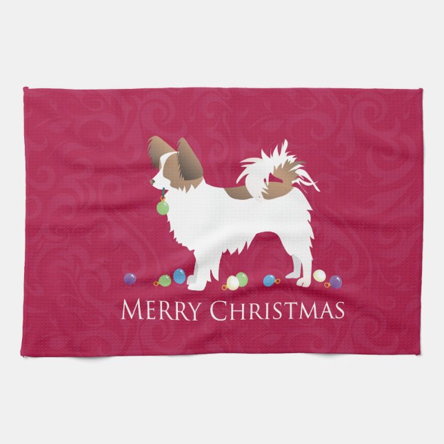 Papillon Dog Merry Christmas Design Tea Towel (Horizontal)