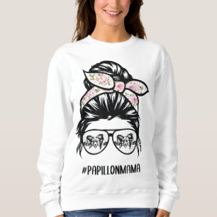 papillon dog mum messy bun hair glasses papillon m sweatshirt