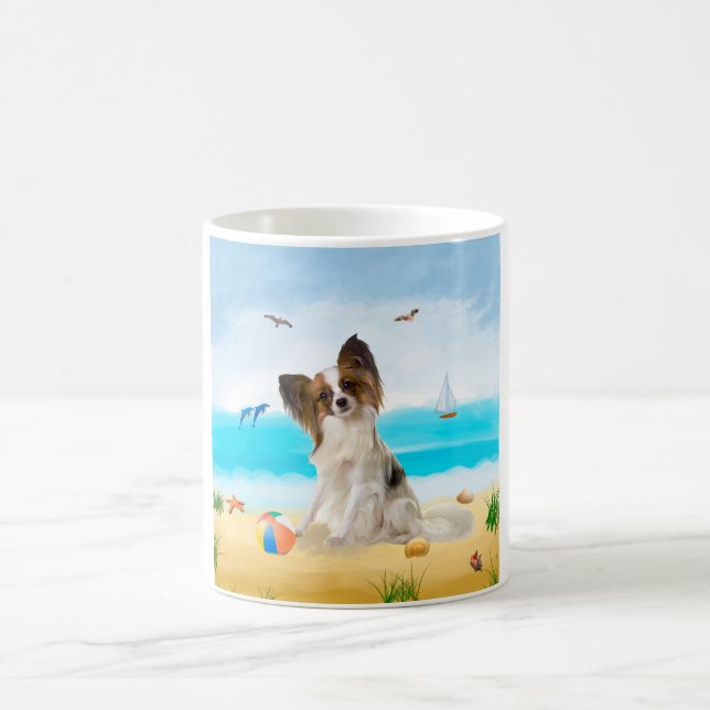 Papillon Dog on Beach Coffee Mug (Center)
