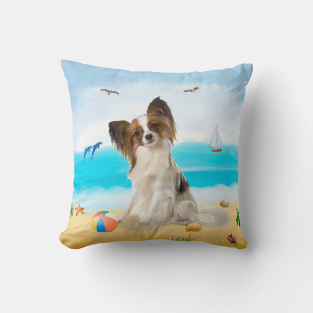 Papillon Dog on Beach Cushion (Front)