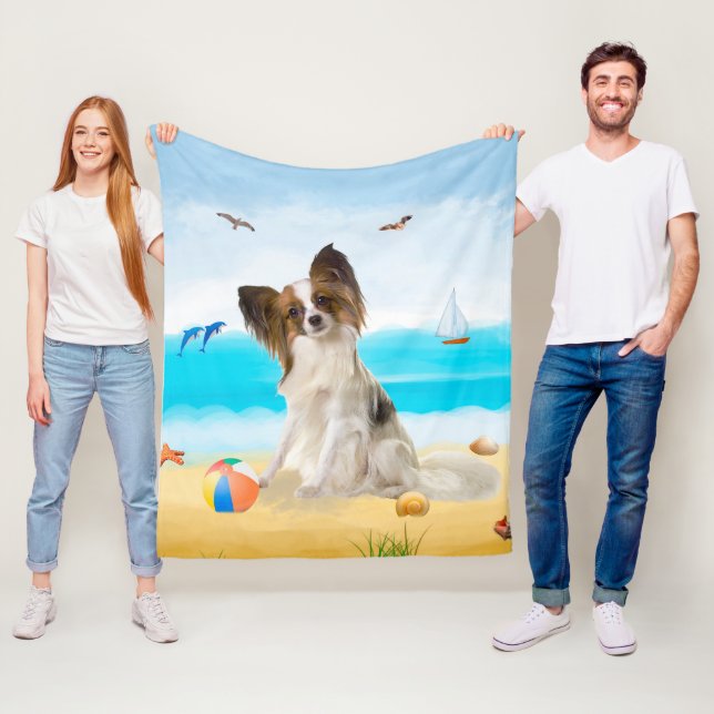 Papillon Dog on Beach Fleece Blanket (In Situ)
