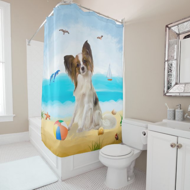 Papillon Dog on Beach Shower Curtain (In Situ)