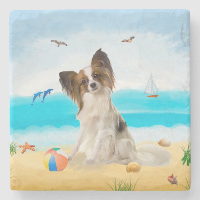 Papillon Dog on Beach Stone Coaster (Front)