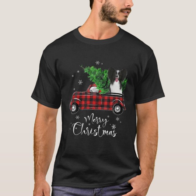 Papillon Dog Ride Red Truck Christmas Funny Dog T-Shirt (Front)