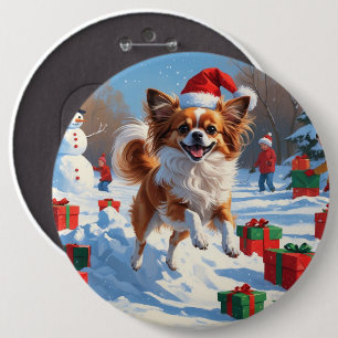 Papillon Dog Running in Snow with Christmas Hat 6 Cm Round Badge